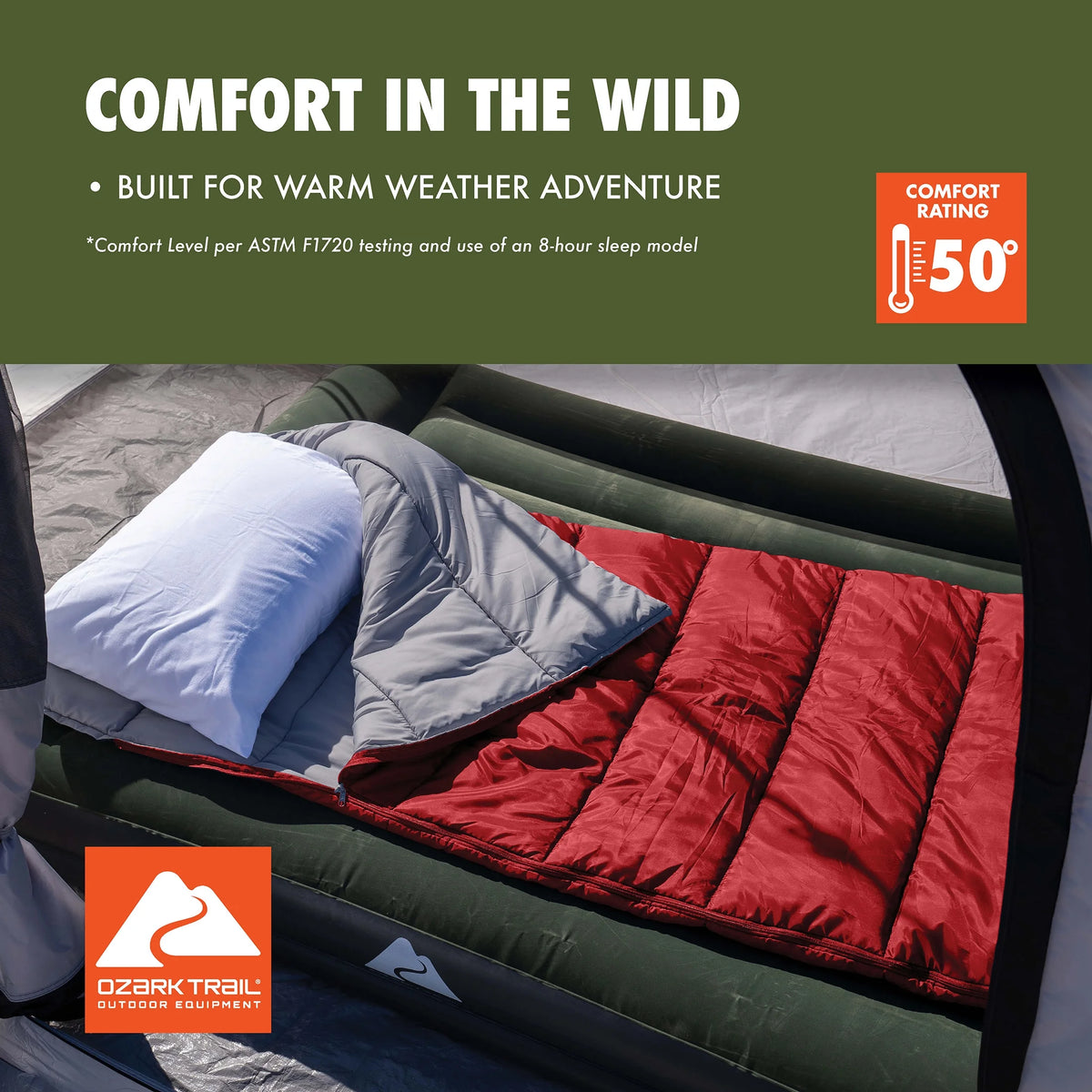 50-Degree Warm Weather Rectangular Sleeping Bag, Red, 33x75 Y7907