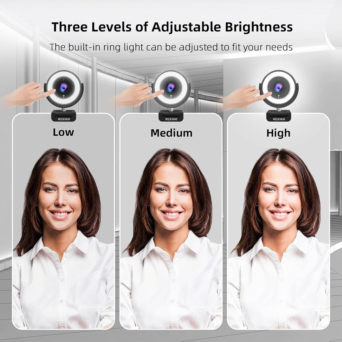 1080P Webcam with Ring Light, Privacy Cover, Noise Reduction Mics, Black H806