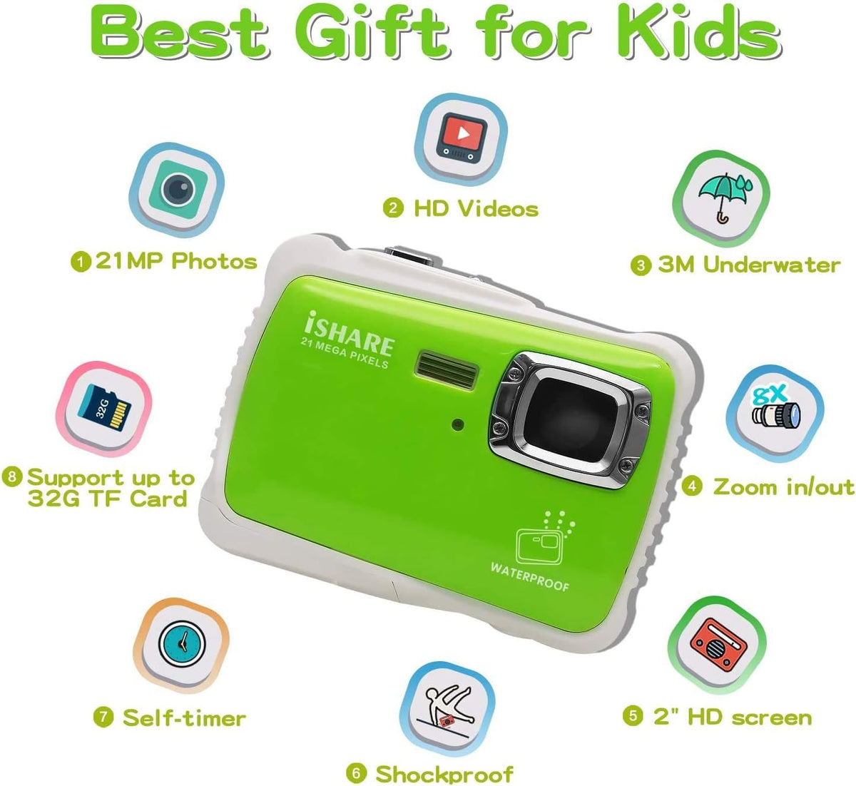 Kids Waterproof Camera with 21MP HD 2.0 LCD 8X Digital Zoom Green T68628