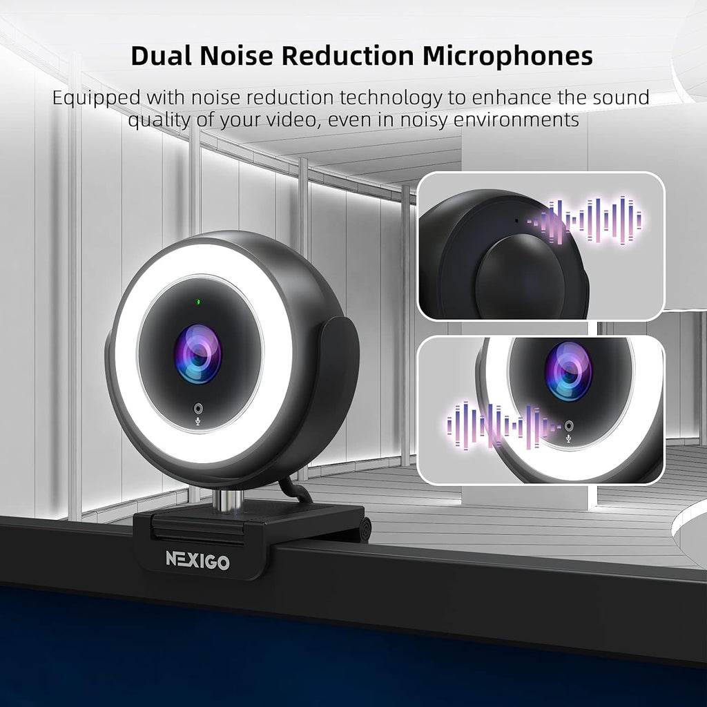 1080P Webcam with Ring Light, Privacy Cover, Noise Reduction Mics, Black H806