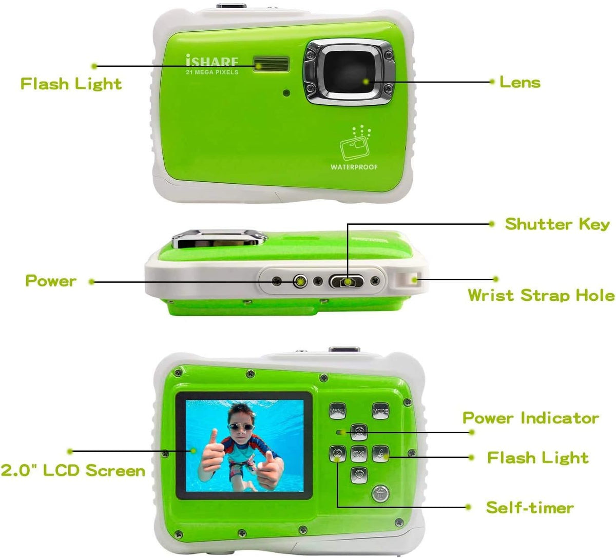 Kids Waterproof Camera with 21MP HD 2.0 LCD 8X Digital Zoom Green T68628