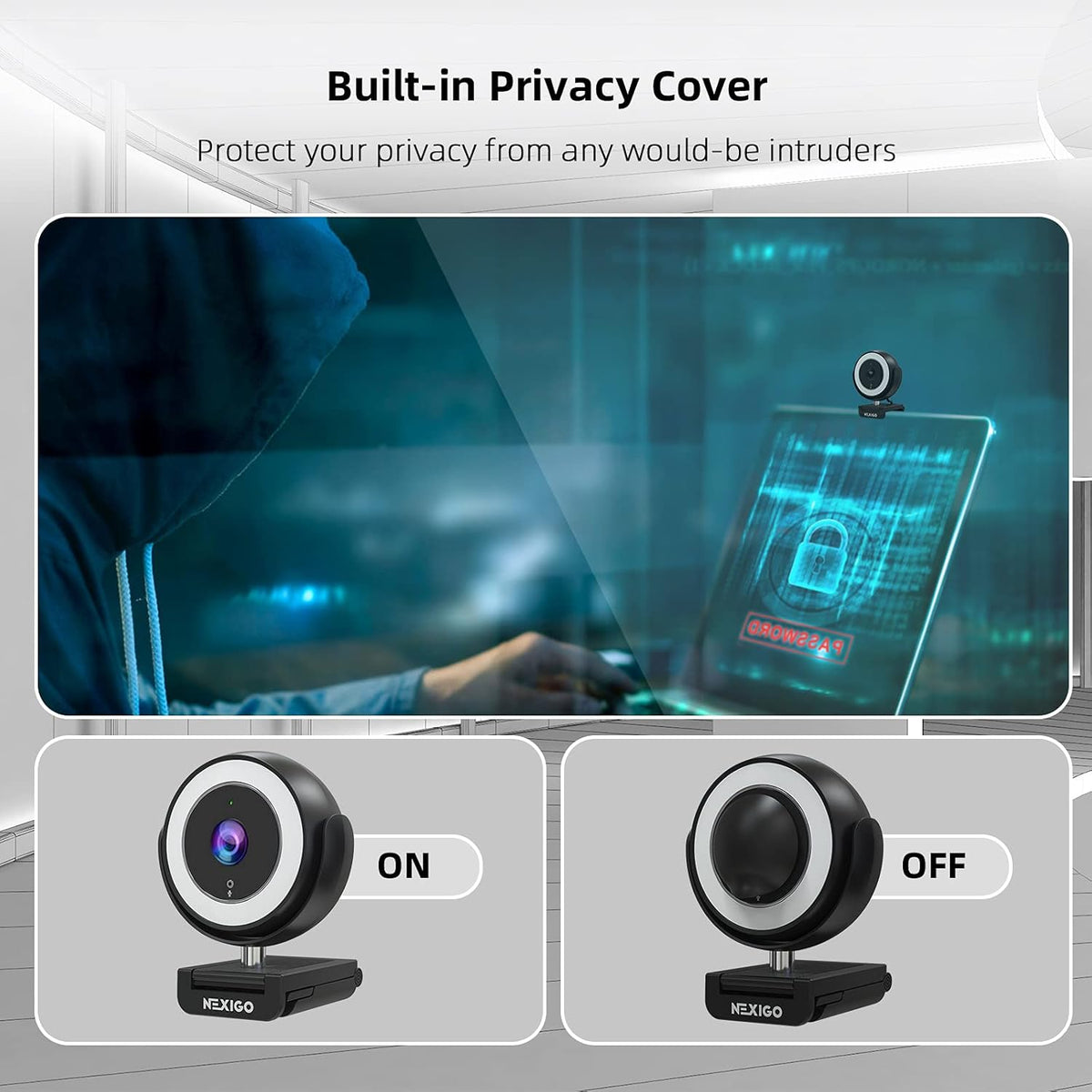 1080P Webcam with Ring Light, Privacy Cover, Noise Reduction Mics, Black H806