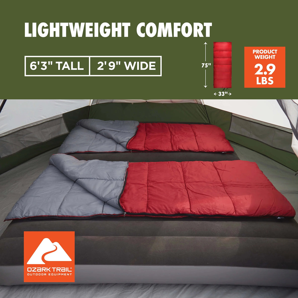 50-Degree Warm Weather Rectangular Sleeping Bag, Red, 33x75 Y7907